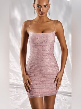 Oh Polly! Bodycon ruched rhinestone baby pink spaghetti strap mini dress
